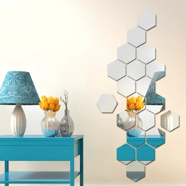 12 Pcs Acrylic Hexagon wall decor Mirror Silver (4x4 inch)