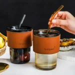 Slub Glass Smoothie Cup with Straw and Leather Cover - Image 3