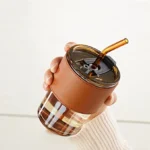 Slub Glass Smoothie Cup with Straw and Leather Cover - Image 2